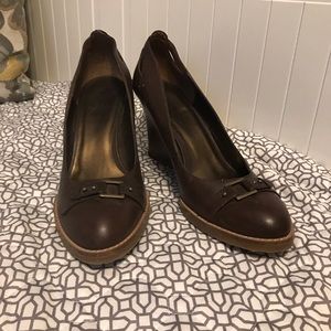 Ann Taylor Loft Brown Buckle Wedge Heels